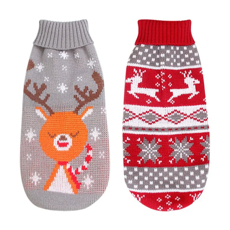 Two dog sweaters with reindeer design on a white background