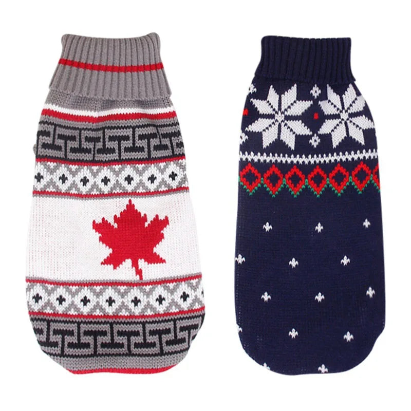 Two dog sweaters with winter patterns and colors on a white background