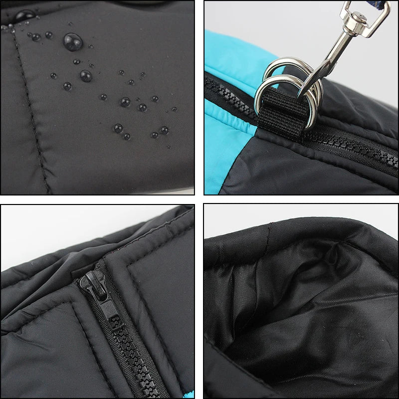 Collage of close-up images showing features of a black jacket with water droplets, zipper, and fabric texture.