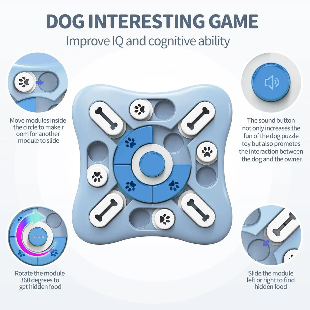 Dog puzzle toy with blue and gray design, featuring text on how to use it.
