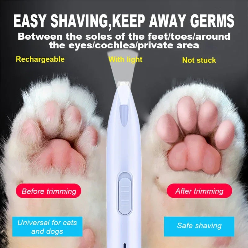 Pet grooming tool for trimming between toes and around eyes/private area with text highlighting features.