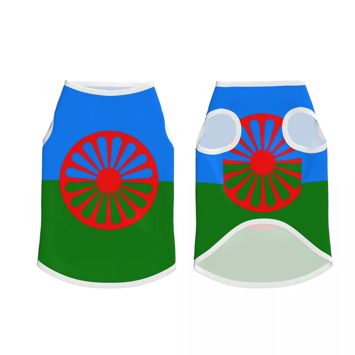 Doggy skirt with blue, green, and red design on a white background