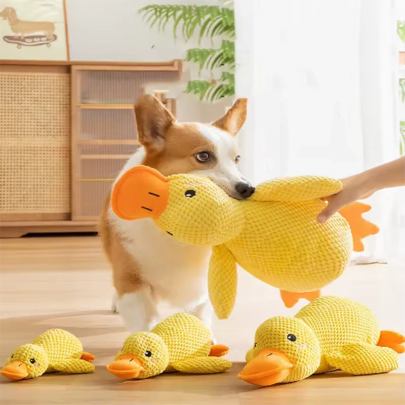 Dog playing with a yellow duck-shaped toy indoors
