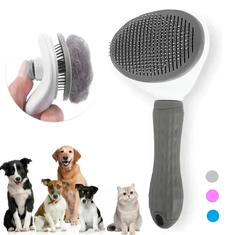 Pet grooming brush with different bristle designs on a white background, featuring four dogs and a cat.
