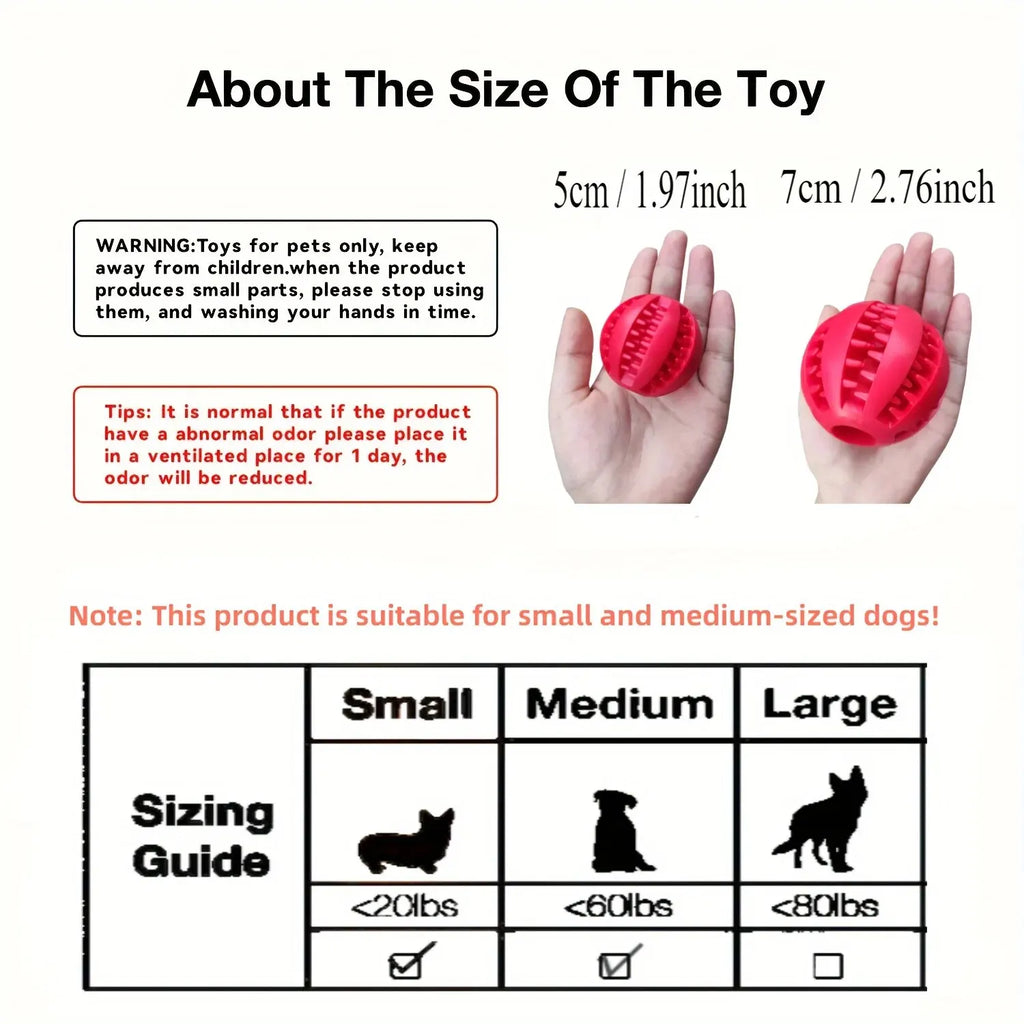 Red dog toy with size comparison to human hands and a sizing guide for dogs.