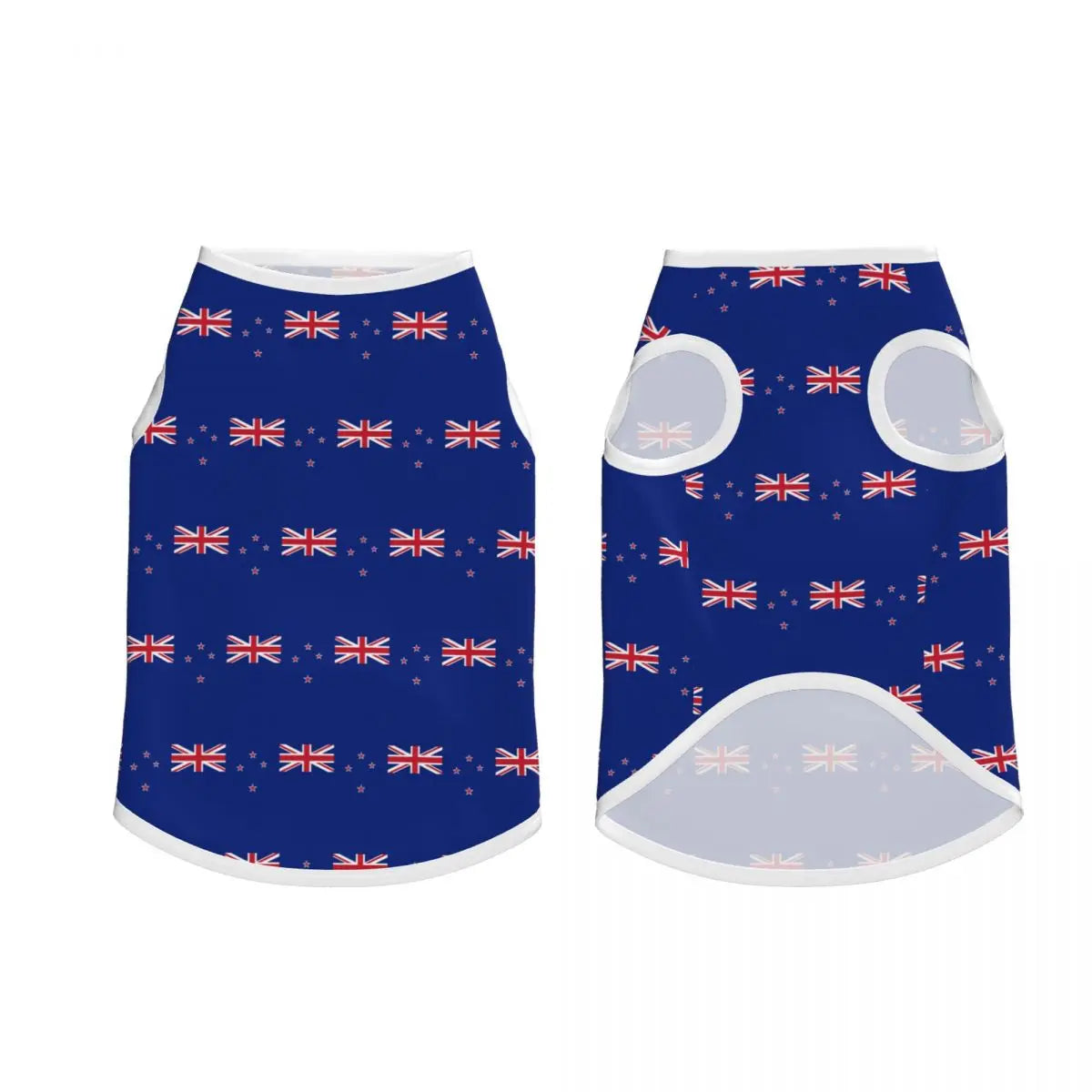 Blue pet dress with Union Jack pattern on a white background