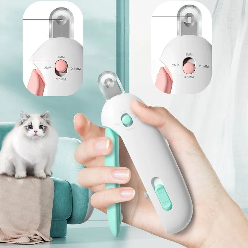 Pet grooming tool with adjustable size settings, held by a hand, with a cat in the background.
